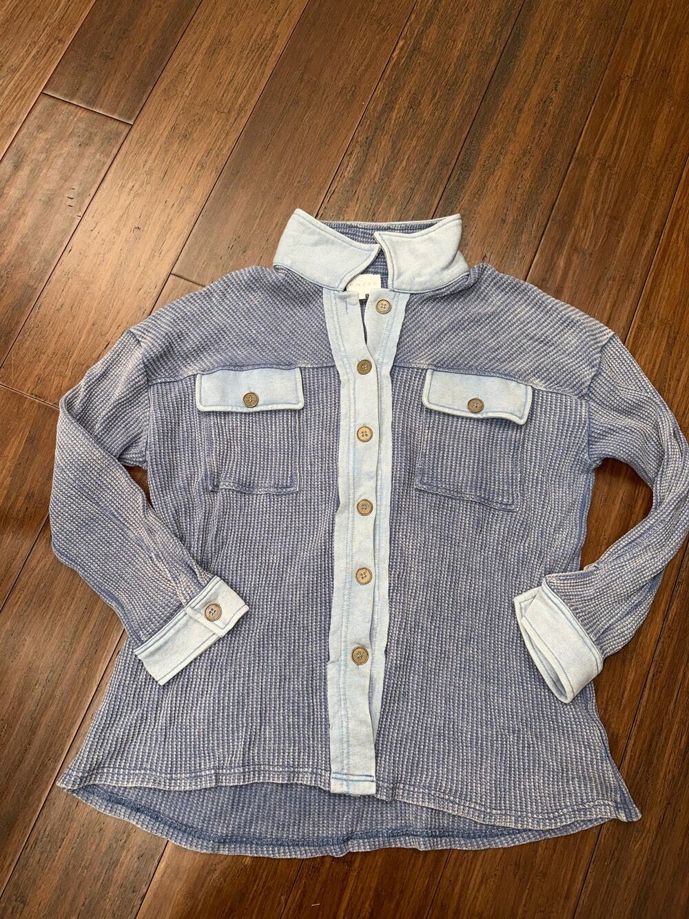 two-tone button-up thermal waffle knit shacket Entro L Top